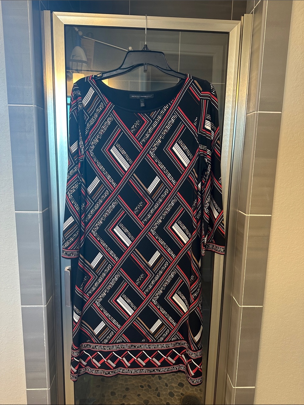 White House Black Market Black Geometric Midi Dress with Pink & White